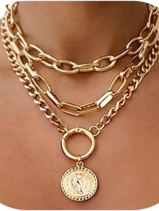 Jewelry - Vintage Gold Layered Necklaces for Women Trendy, Chunky Cuban Link Paperclip Cha